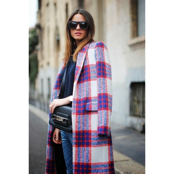 Zara Tartan Plaid Textured Coat Red Blue size RARE Bloggers favorite wool - Picture 1 of 8
